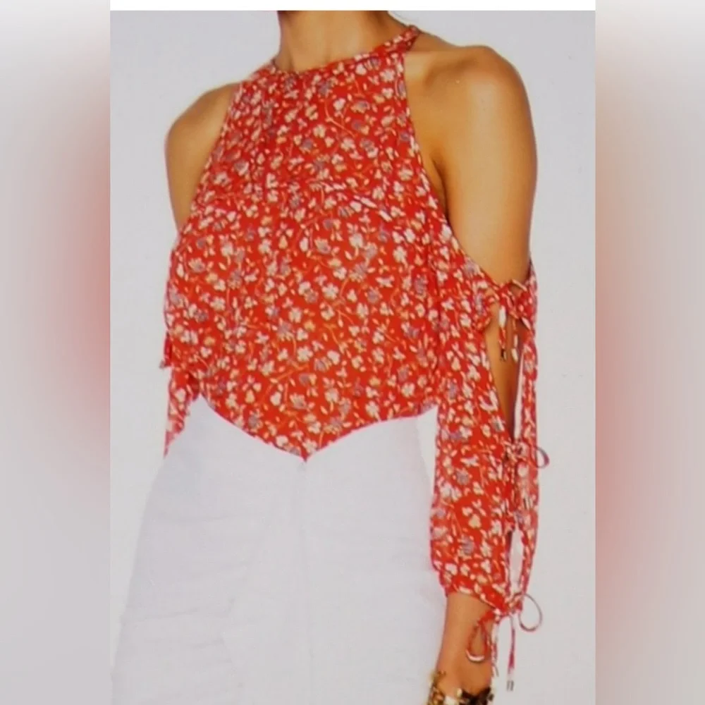 Veronica Beard Flynn Bow Cold Shoulder Blouse - Size 10 - Multi 100% SILK - Picture 3 of 5
